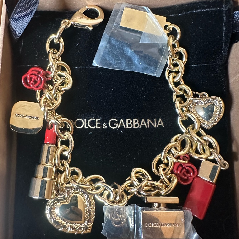 Dolce & Gabbana Gold and Red Charm Bracelet with Makeup-Themed Charms